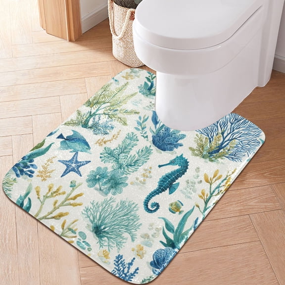 RMDQTR 20" × 24" U Shape Bathroom Rugs Plush Toilet Base Mat Soft Rugs Non Slip Absorbent Underwater Botanical Pattern