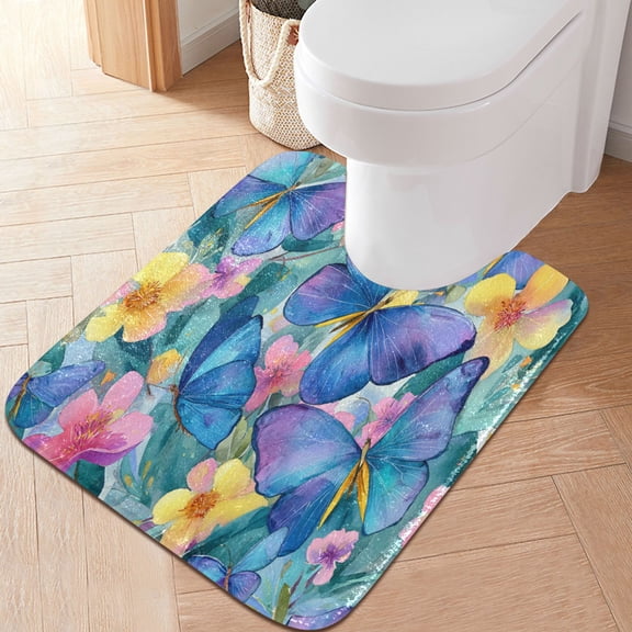 RMDQTR 20" × 24" U Shape Bathroom Rugs Plush Toilet Base Mat Soft Rugs Non Slip Absorbent Vibrant Blue Butterflies