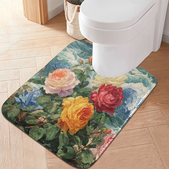 RMDQTR 20" × 24" U Shape Bathroom Rugs Plush Toilet Base Mat Soft Rugs Non Slip Absorbent Water Waves Roses