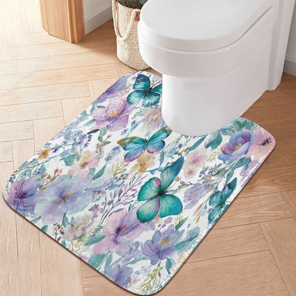 RMDQTR 20" × 24" U Shape Bathroom Rugs Plush Toilet Base Mat Soft Rugs Non Slip Absorbent Watercolor Butterflies Pattern