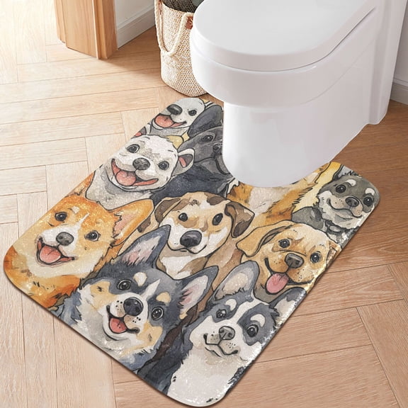 RMDQTR 20" × 24" U Shape Bathroom Rugs Plush Toilet Base Mat Soft Rugs Non Slip Absorbent Watercolor Cute Dogs