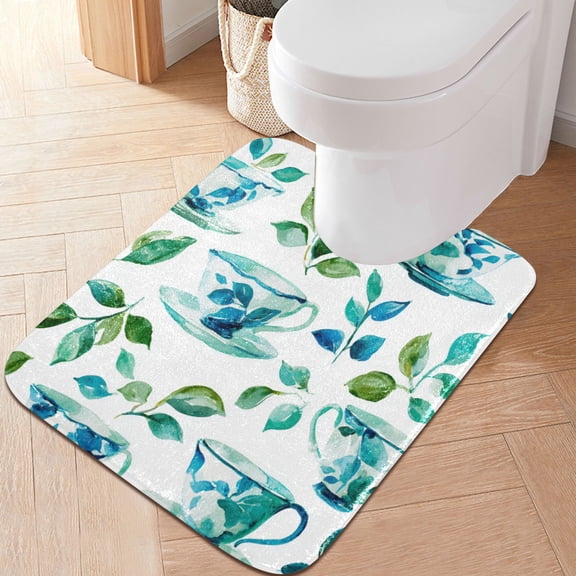 RMDQTR 20" × 24" U Shape Bathroom Rugs Plush Toilet Base Mat Soft Rugs Non Slip Absorbent Watercolor Teacups