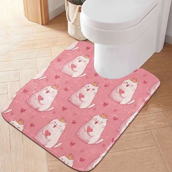 RMDQTR 20" Ă— 24" U Shape Bathroom Rugs Plush Toilet Base Mat Soft Rugs Non Slip Absorbent White Fat Cat
