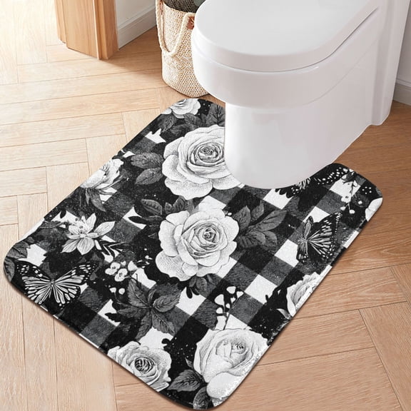RMDQTR 20" × 24" U Shape Bathroom Rugs Plush Toilet Base Mat Soft Rugs Non Slip Absorbent White Rose Pattern