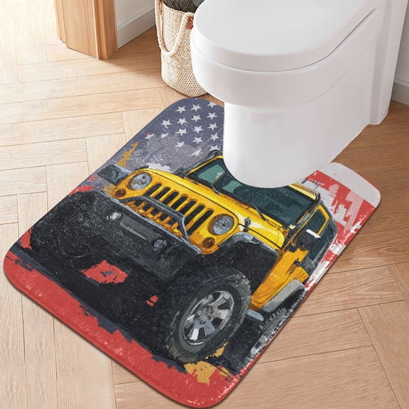RMDQTR 20" × 24" U Shape Bathroom Rugs Plush Toilet Base Mat Soft Rugs Non Slip Absorbent Yellow Jeep Car Pattern