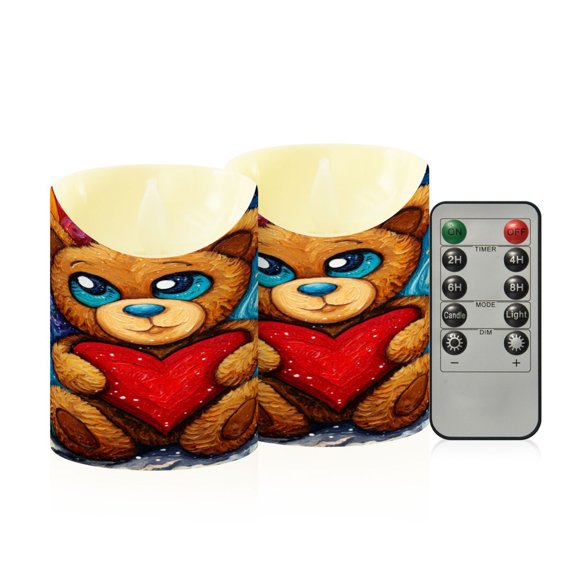 RMDQTR 2PCS Tapered Flickering Flame Candle Lamp LED Simulated Candle Christmas Holiday Decorations Flame-Free Safety Ambient Lighting Brown Bear and Red Heart