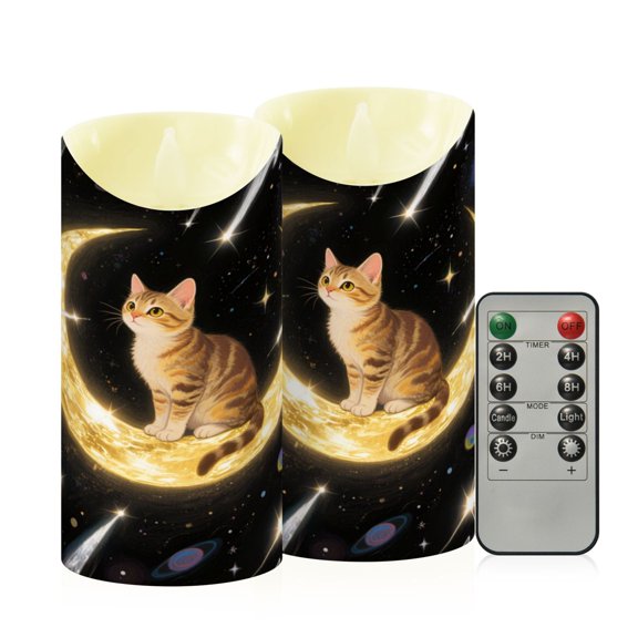 RMDQTR 2PCS Tapered Flickering Flame Candle Lamp LED Simulated Candle Christmas Holiday Decorations Flame-Free Safety Ambient Lighting Brown Cat on The Moon