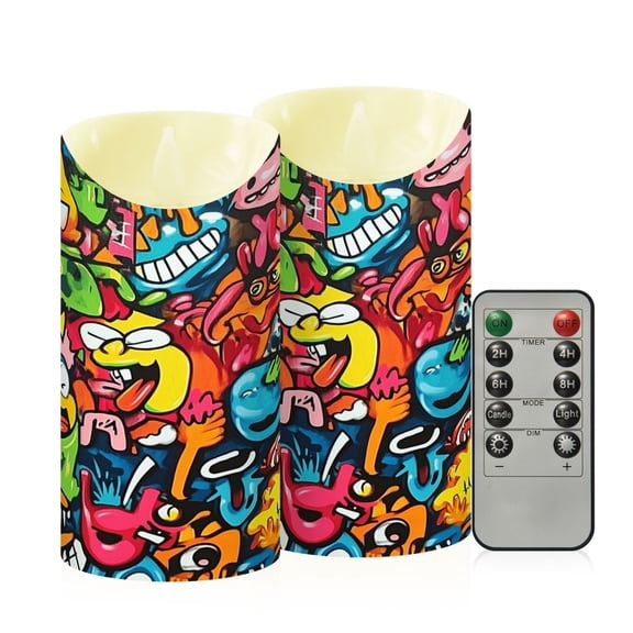 RMDQTR 2PCS Tapered Flickering Flame Candle Lamp LED Simulated Candle Christmas Holiday Decorations Flame-Free Safety Ambient Lighting Cartoon Graffiti Style