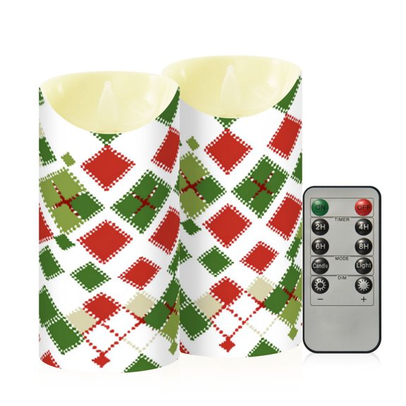 RMDQTR 2PCS Tapered Flickering Flame Candle Lamp LED Simulated Candle Christmas Holiday Decorations Flame-Free Safety Ambient Lighting Christmas Argyle Pattern