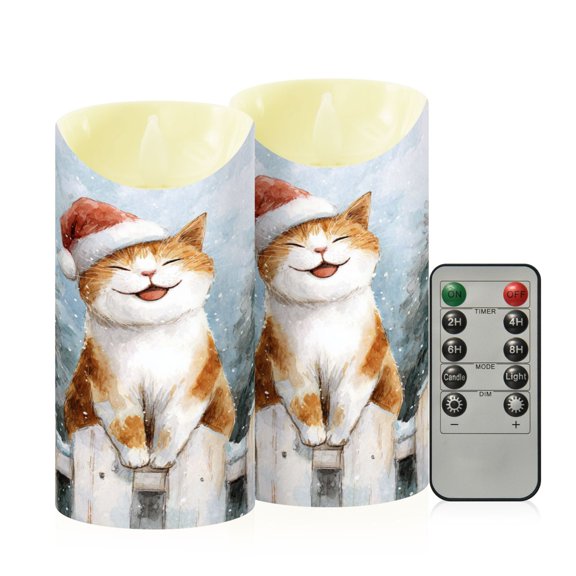 RMDQTR 2PCS Tapered Flickering Flame Candle Lamp LED Simulated Candle Christmas Holiday Decorations Flame-Free Safety Ambient Lighting Cute and Brown Happy Cat