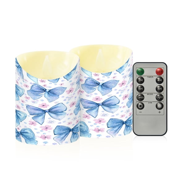 RMDQTR 2PCS Tapered Flickering Flame Candle Lamp LED Simulated Candle Christmas Holiday Decorations Flame-Free Safety Ambient Lighting Cute Light Blue Bows Pattern