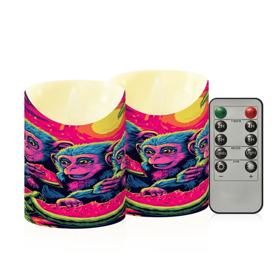 RMDQTR 2PCS Tapered Flickering Flame Candle Lamp LED Simulated Candle Christmas Holiday Decorations Flame-Free Safety Ambient Lighting Cute Monkeys Eating Watermelon