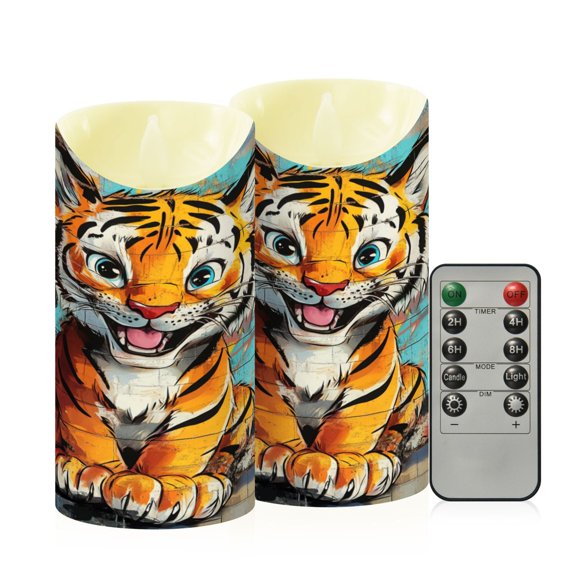 RMDQTR 2PCS Tapered Flickering Flame Candle Lamp LED Simulated Candle Christmas Holiday Decorations Flame-Free Safety Ambient Lighting Graffiti Tigers