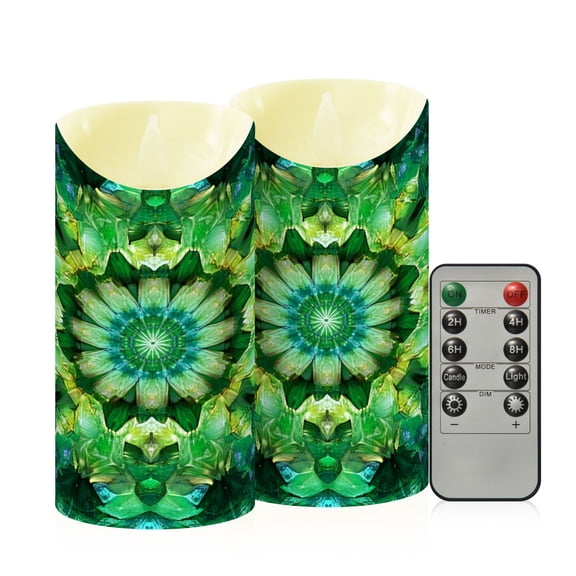 RMDQTR 2PCS Tapered Flickering Flame Candle Lamp LED Simulated Candle Christmas Holiday Decorations Flame-Free Safety Ambient Lighting Green Kaleidoscope Pattern