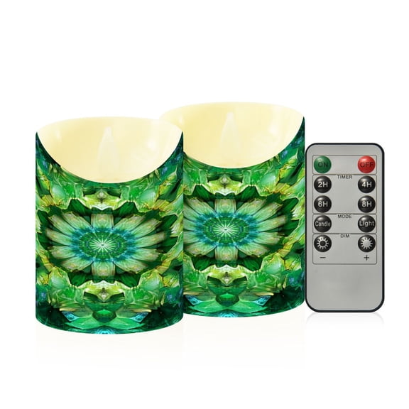 RMDQTR 2PCS Tapered Flickering Flame Candle Lamp LED Simulated Candle Christmas Holiday Decorations Flame-Free Safety Ambient Lighting Green Kaleidoscope Pattern