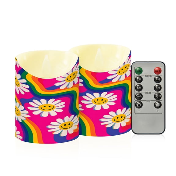 RMDQTR 2PCS Tapered Flickering Flame Candle Lamp LED Simulated Candle Christmas Holiday Decorations Flame-Free Safety Ambient Lighting Groovy Daisies with Smiley Faces