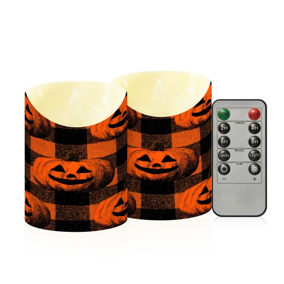RMDQTR 2PCS Tapered Flickering Flame Candle Lamp LED Simulated Candle Christmas Holiday Decorations Flame-Free Safety Ambient Lighting Orange Striped Smiley Pumpkins