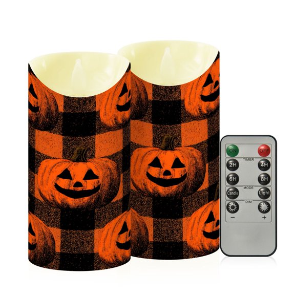 RMDQTR 2PCS Tapered Flickering Flame Candle Lamp LED Simulated Candle Christmas Holiday Decorations Flame-Free Safety Ambient Lighting Orange Striped Smiley Pumpkins