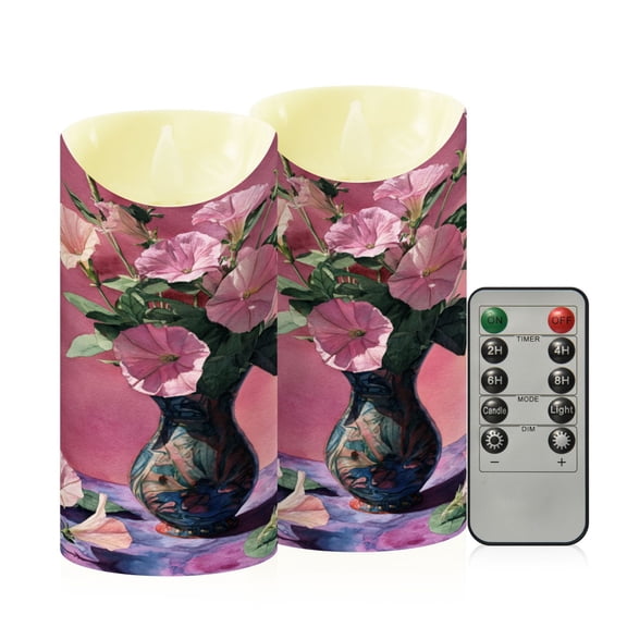 RMDQTR 2PCS Tapered Flickering Flame Candle Lamp LED Simulated Candle Christmas Holiday Decorations Flame-Free Safety Ambient Lighting Pink Flowers in A Vase