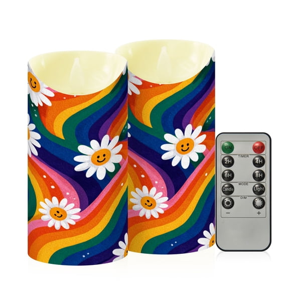 RMDQTR 2PCS Tapered Flickering Flame Candle Lamp LED Simulated Candle Christmas Holiday Decorations Flame-Free Safety Ambient Lighting Rainbow-colored Waves with Daisies