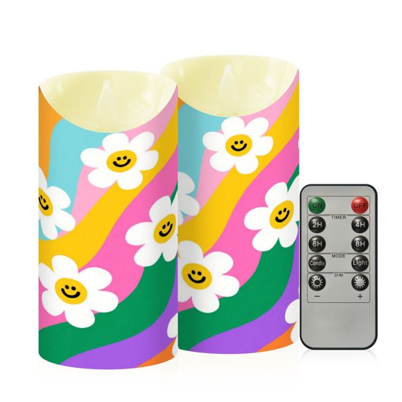 RMDQTR 2PCS Tapered Flickering Flame Candle Lamp LED Simulated Candle Christmas Holiday Decorations Flame-Free Safety Ambient Lighting Smiley Daisy on Rainbow Background