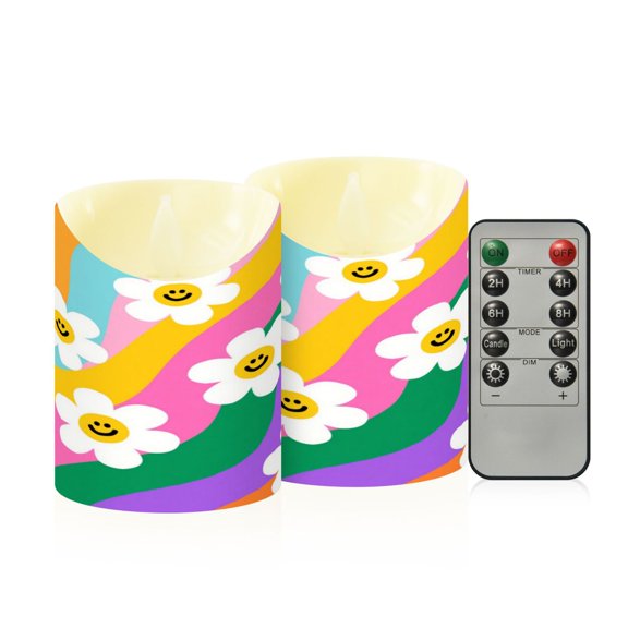RMDQTR 2PCS Tapered Flickering Flame Candle Lamp LED Simulated Candle Christmas Holiday Decorations Flame-Free Safety Ambient Lighting Smiley Daisy on Rainbow Background
