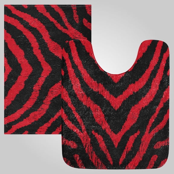 RMDQTR 2PCs Bathroom Rugs Set Plush Toilet Base Mat 16" × 24" Bath Mat and 20" × 24" U Shape Soft Rugs Non Slip Absorbent Bold Crimson Chevron Pattern