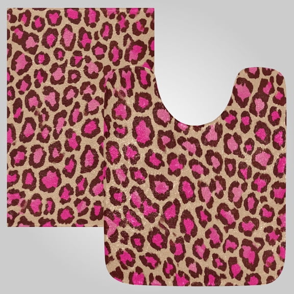 RMDQTR 2PCs Bathroom Rugs Set Plush Toilet Base Mat 16" × 24" Bath Mat and 20" × 24" U Shape Soft Rugs Non Slip Absorbent Bold Pink Tan Leopard Pattern
