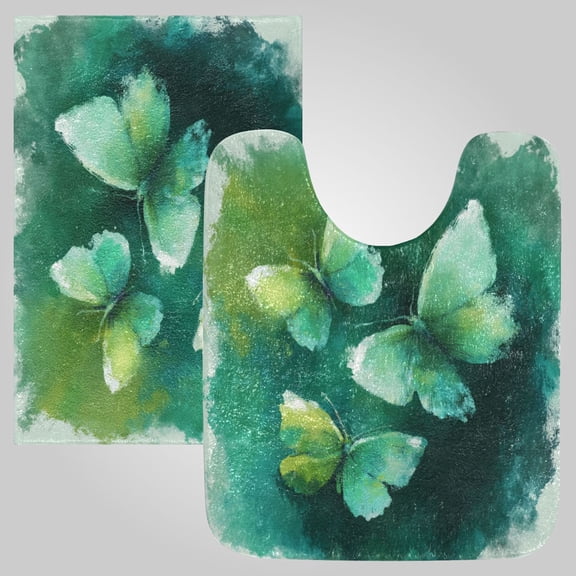 RMDQTR 2PCs Bathroom Rugs Set Plush Toilet Base Mat 16" × 24" Bath Mat and 20" × 24" U Shape Soft Rugs Non Slip Absorbent Deep Green Butterfly Whisper