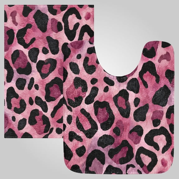 RMDQTR 2PCs Bathroom Rugs Set Plush Toilet Base Mat 16" × 24" Bath Mat and 20" × 24" U Shape Soft Rugs Non Slip Absorbent Fuchsia Pink Fur Leopard Print