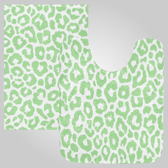 RMDQTR 2PCs Bathroom Rugs Set Plush Toilet Base Mat 16" × 24" Bath Mat and 20" × 24" U Shape Soft Rugs Non Slip Absorbent Light Green White Leopard Pattern