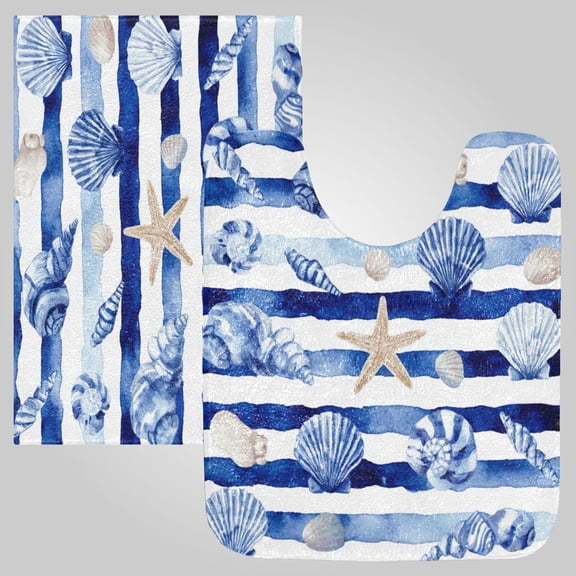 RMDQTR 2PCs Bathroom Rugs Set Plush Toilet Base Mat 16" × 24" Bath Mat and 20" × 24" U Shape Soft Rugs Non Slip Absorbent Ocean Stripes Shells Artwork