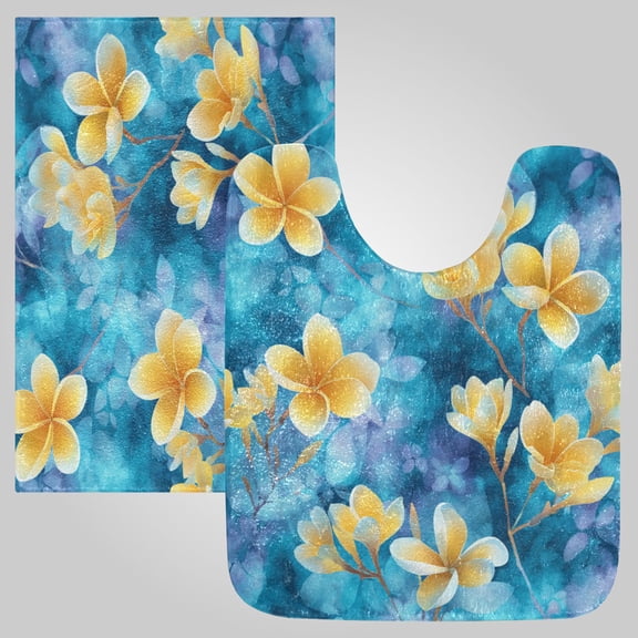 RMDQTR 2PCs Bathroom Rugs Set Plush Toilet Base Mat 16" × 24" Bath Mat and 20" × 24" U Shape Soft Rugs Non Slip Absorbent Tropical Frangipani Floral Print