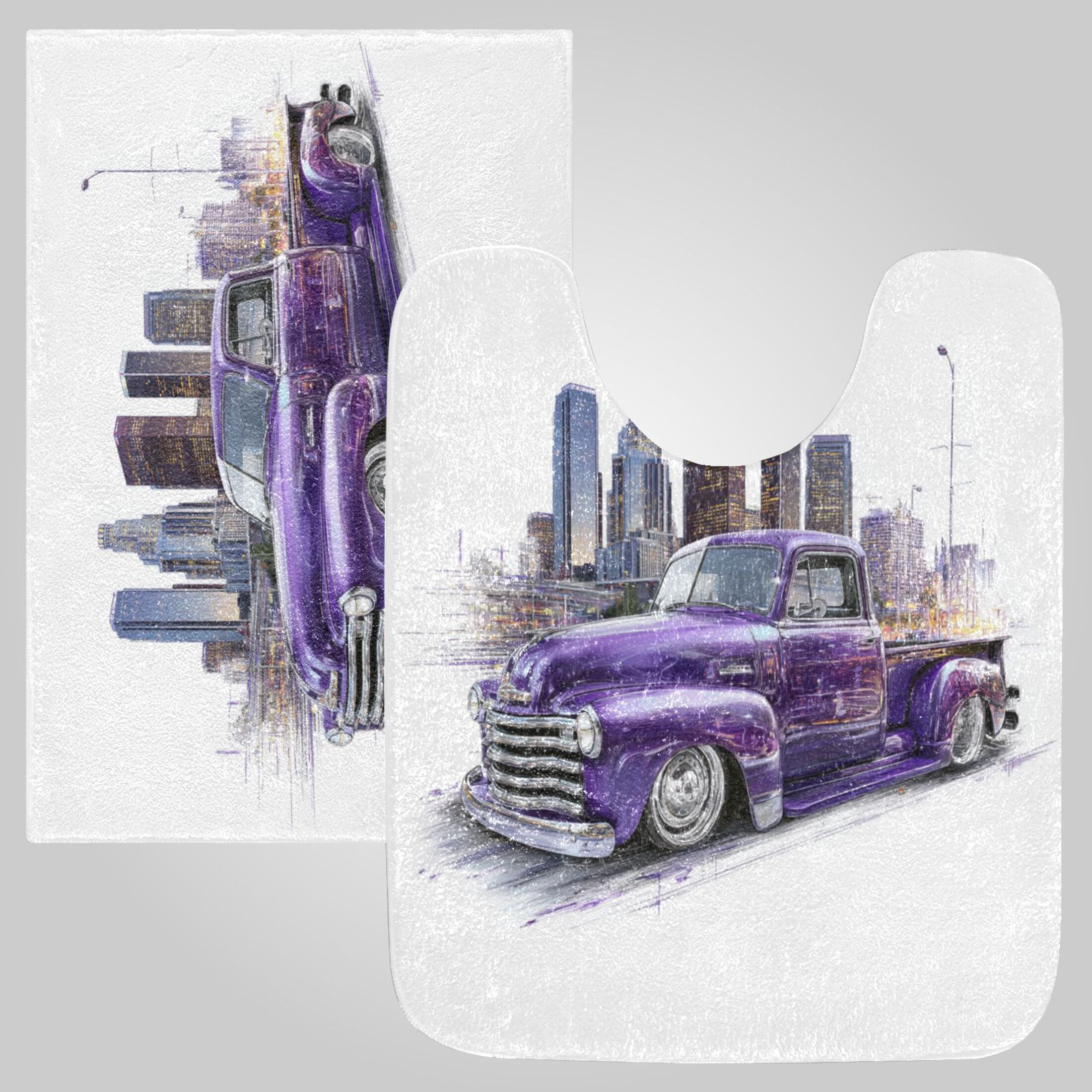RMDQTR 2PCs Bathroom Rugs Set Plush Toilet Base Mat 16" × 24" Bath Mat and 20" × 24" U Shape Soft Rugs Non Slip Absorbent Vintage Purple Truck City Art