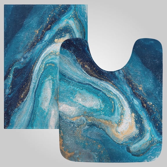 RMDQTR 2PCs Bathroom Rugs Set Plush Toilet Base Mat 16" × 24" Bath Mat and 20" × 24" U Shape Soft Rugs Non Slip Absorbent Aqua Gilded Waves