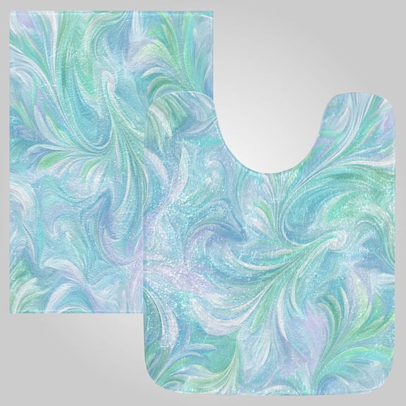 RMDQTR 2PCs Bathroom Rugs Set Plush Toilet Base Mat 16" × 24" Bath Mat and 20" × 24" U Shape Soft Rugs Non Slip Absorbent Aqua Swirl Feather Design