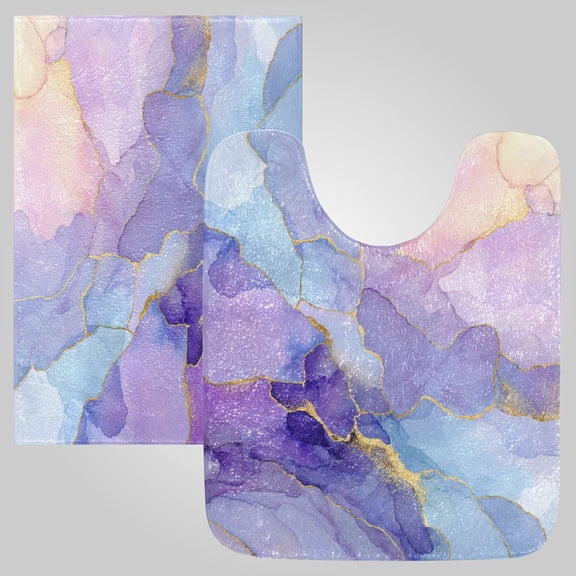 RMDQTR 2PCs Bathroom Rugs Set Plush Toilet Base Mat 16" × 24" Bath Mat and 20" × 24" U Shape Soft Rugs Non Slip Absorbent Celestial Lavender Gold