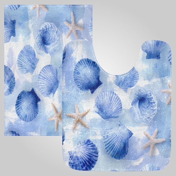 RMDQTR 2PCs Bathroom Rugs Set Plush Toilet Base Mat 16" × 24" Bath Mat and 20" × 24" U Shape Soft Rugs Non Slip Absorbent Cerulean Seashells Pattern