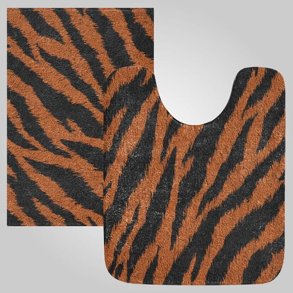 RMDQTR 2PCs Bathroom Rugs Set Plush Toilet Base Mat 16" × 24" Bath Mat and 20" × 24" U Shape Soft Rugs Non Slip Absorbent Coarse Tiger Stripe