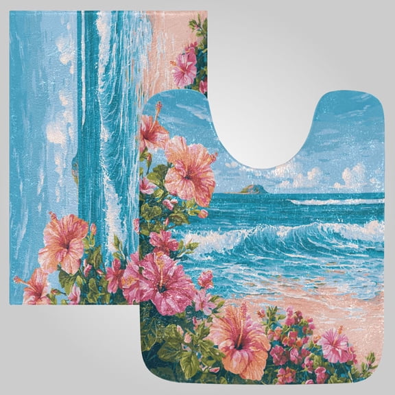 RMDQTR 2PCs Bathroom Rugs Set Plush Toilet Base Mat 16" × 24" Bath Mat and 20" × 24" U Shape Soft Rugs Non Slip Absorbent Coastal Floral Scenery