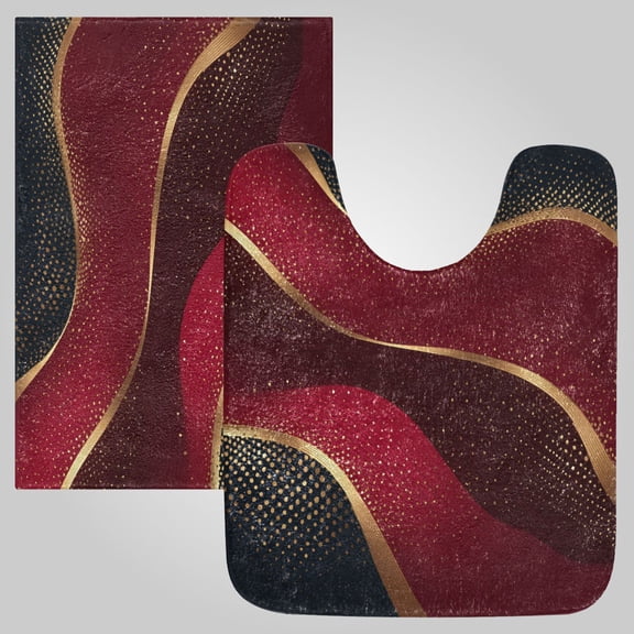 RMDQTR 2PCs Bathroom Rugs Set Plush Toilet Base Mat 16" × 24" Bath Mat and 20" × 24" U Shape Soft Rugs Non Slip Absorbent Crimson Noir Gilded