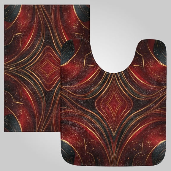 RMDQTR 2PCs Bathroom Rugs Set Plush Toilet Base Mat 16" × 24" Bath Mat and 20" × 24" U Shape Soft Rugs Non Slip Absorbent Crimson Symmetry Gold