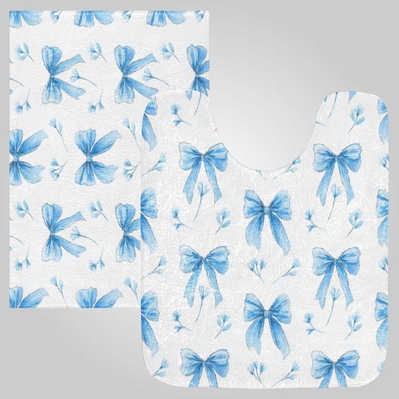 RMDQTR 2PCs Bathroom Rugs Set Plush Toilet Base Mat 16" × 24" Bath Mat and 20" × 24" U Shape Soft Rugs Non Slip Absorbent Delicate Blue Bow Pairs