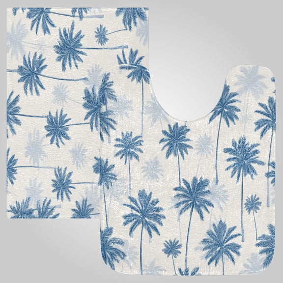 RMDQTR 2PCs Bathroom Rugs Set Plush Toilet Base Mat 16" × 24" Bath Mat and 20" × 24" U Shape Soft Rugs Non Slip Absorbent Indigo Palm Pattern