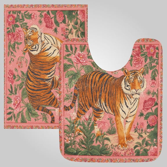 RMDQTR 2PCs Bathroom Rugs Set Plush Toilet Base Mat 16" × 24" Bath Mat and 20" × 24" U Shape Soft Rugs Non Slip Absorbent Jungle Tiger Tapestry