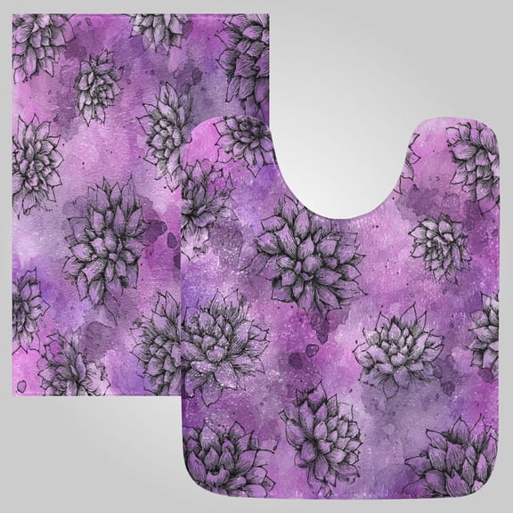 RMDQTR 2PCs Bathroom Rugs Set Plush Toilet Base Mat 16" × 24" Bath Mat and 20" × 24" U Shape Soft Rugs Non Slip Absorbent Lavender Succulent Blooms