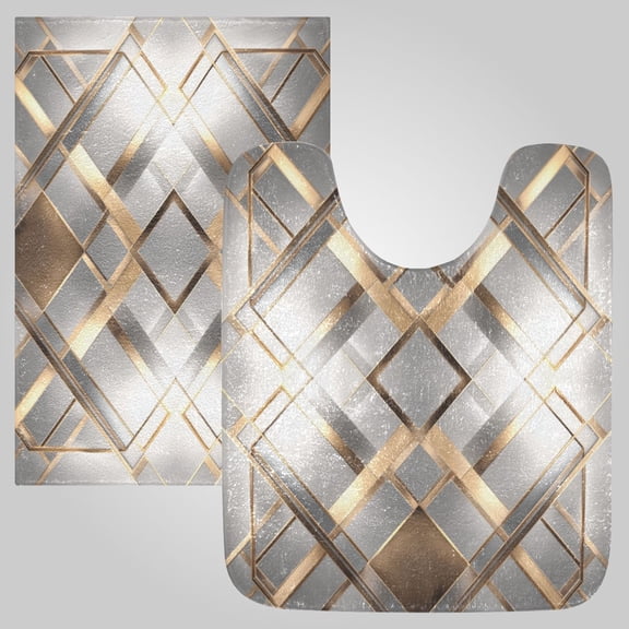 RMDQTR 2PCs Bathroom Rugs Set Plush Toilet Base Mat 16" × 24" Bath Mat and 20" × 24" U Shape Soft Rugs Non Slip Absorbent Layered Diamond Pattern