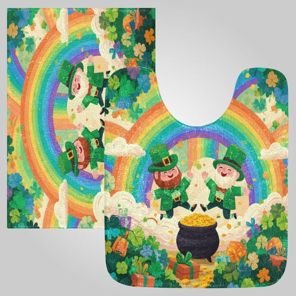 RMDQTR 2PCs Bathroom Rugs Set Plush Toilet Base Mat 16" × 24" Bath Mat and 20" × 24" U Shape Soft Rugs Non Slip Absorbent Leprechaun Party Buddies