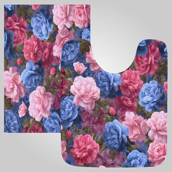 RMDQTR 2PCs Bathroom Rugs Set Plush Toilet Base Mat 16" × 24" Bath Mat and 20" × 24" U Shape Soft Rugs Non Slip Absorbent Lush Peony Bouquet Print