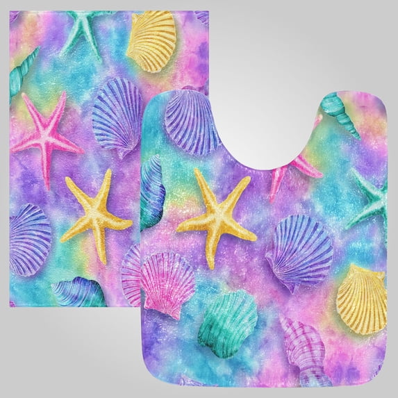 RMDQTR 2PCs Bathroom Rugs Set Plush Toilet Base Mat 16" × 24" Bath Mat and 20" × 24" U Shape Soft Rugs Non Slip Absorbent Magical Seashell Wonderland